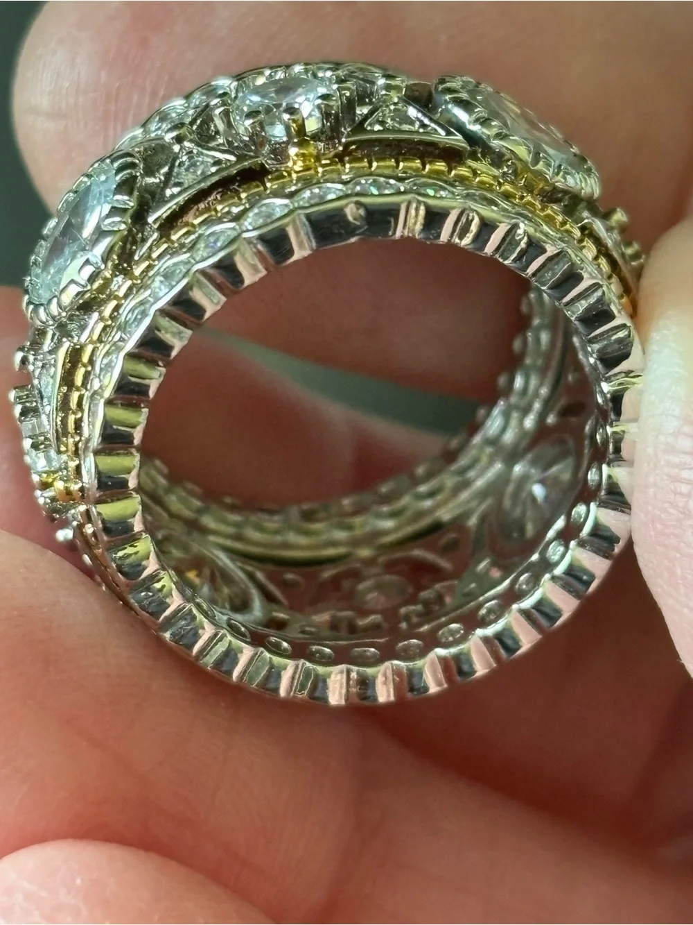 Gold silver and crystal ring